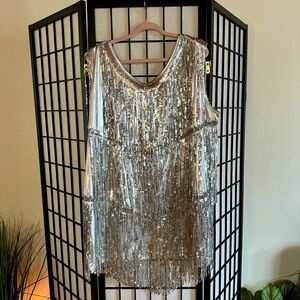 NWT Sunshine & Rodeos Silver Sequin Fringe Mini Dress — Size 3XL